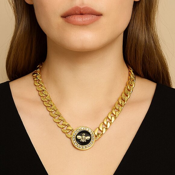 Gold Tone Chain Necklace Bee Medallion Crystal Accents 16" 2" Adjustable New - Picture 1 of 11